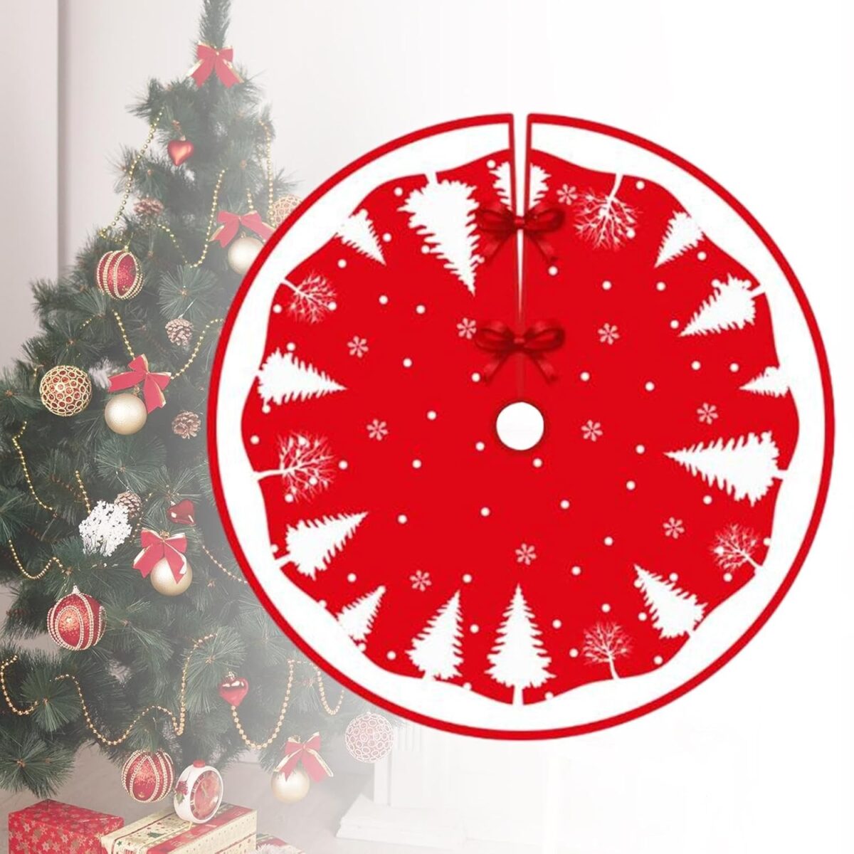 Covoras pentru Bradul de Craciun, Embo, din Tesatura Pufoasa, cu Fundite de Prindere, Model Brazi, Rosu/Alb, Diametru 90 cm - imagine 7