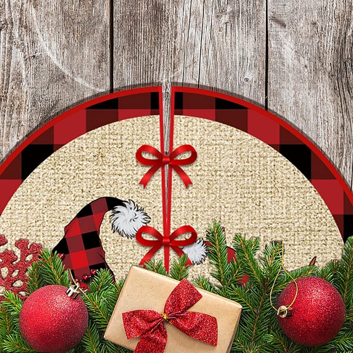 Covoras pentru Bradul de Craciun, Embo, din Tesatura Pufoasa, cu Fundite de Prindere, Model Gnomi, Multicolor, Diametru 90 cm - imagine 5