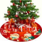 Covoras pentru Bradul de Craciun, Embo, din Tesatura Pufoasa, cu Fundite de Prindere, Model Mos Craciun si Ajutoarele, Rosu, Diametru 90 cm - imagine 2
