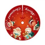 Covoras pentru Bradul de Craciun, Embo, din Tesatura Pufoasa, cu Fundite de Prindere, Model Mos Craciun si Ajutoarele, Rosu, Diametru 90 cm - imagine 4