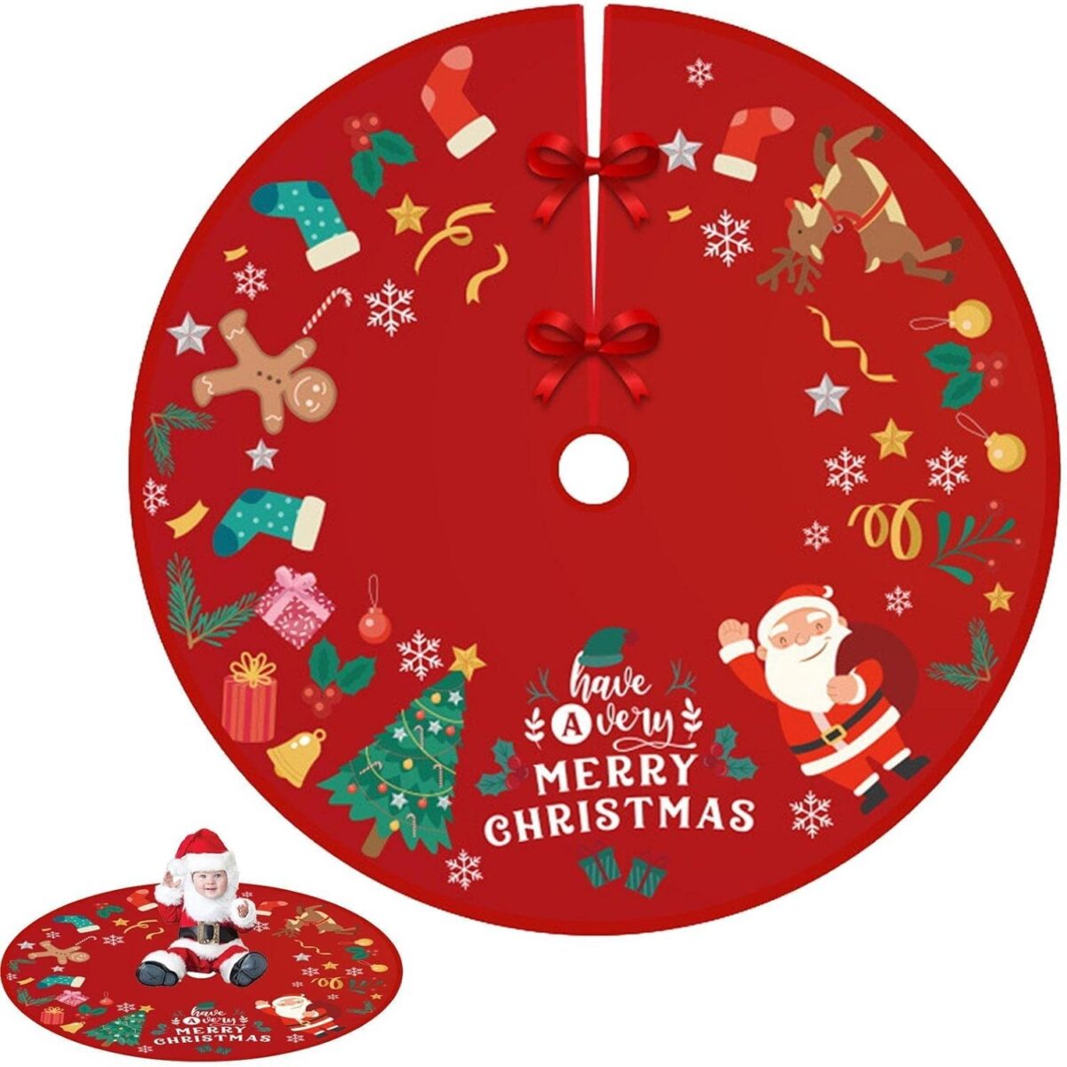 Covoras pentru Bradul de Craciun, Embo, din Tesatura Pufoasa, cu Fundite de Prindere, Model Mos Craciun, Rosu, Diametru 90 cm - imagine 3
