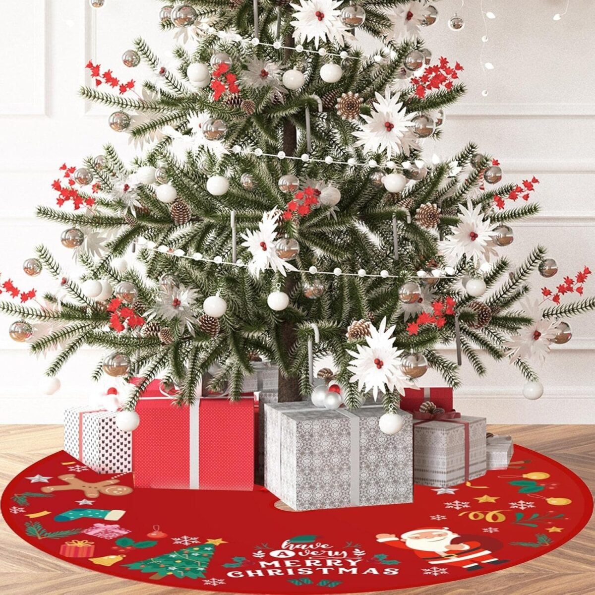Covoras pentru Bradul de Craciun, Embo, din Tesatura Pufoasa, cu Fundite de Prindere, Model Mos Craciun, Rosu, Diametru 90 cm - imagine 4