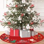 Covoras pentru Bradul de Craciun, Embo, din Tesatura Pufoasa, cu Fundite de Prindere, Model Mos Craciun, Rosu, Diametru 90 cm - imagine 4