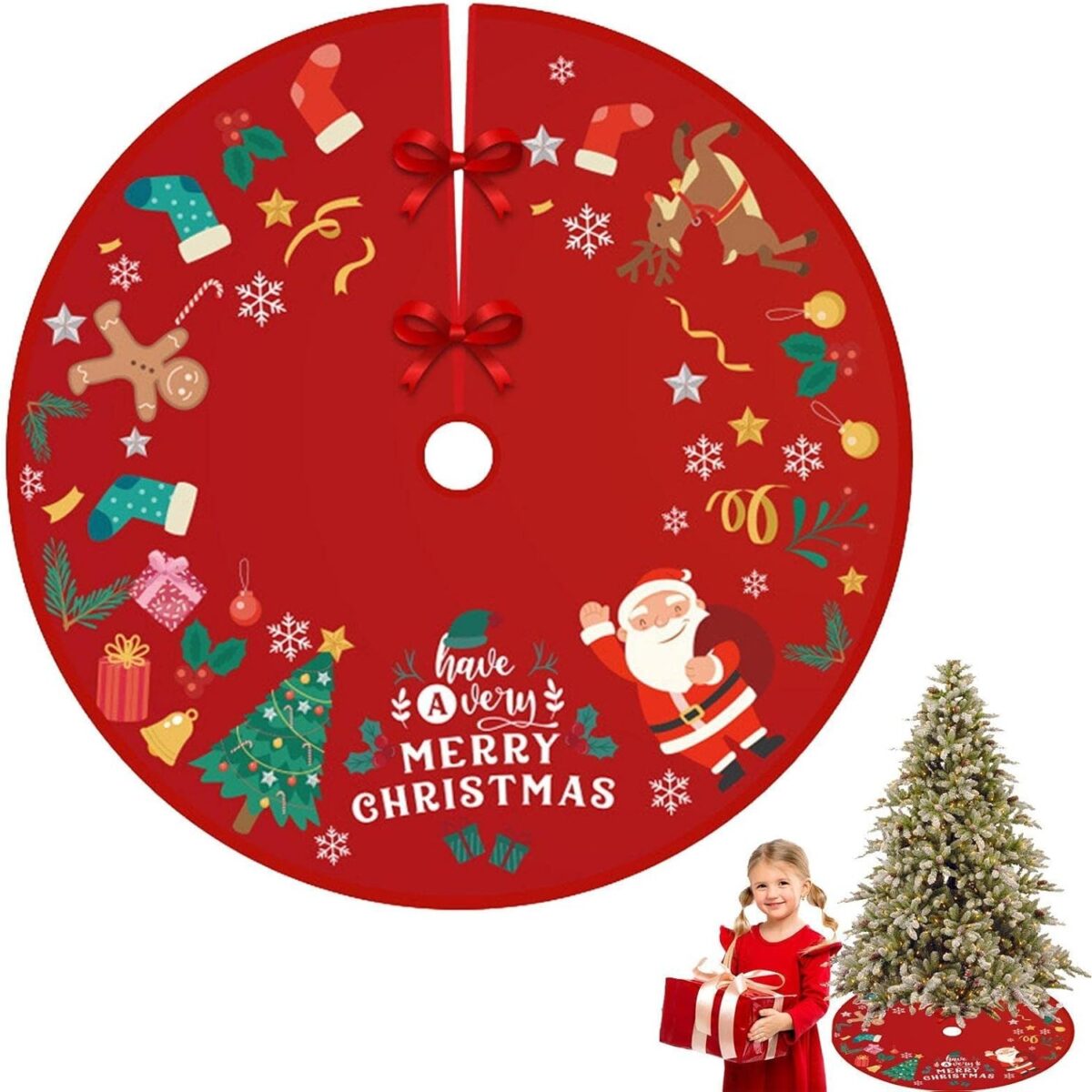 Covoras pentru Bradul de Craciun, Embo, din Tesatura Pufoasa, cu Fundite de Prindere, Model Mos Craciun, Rosu, Diametru 90 cm - imagine 6