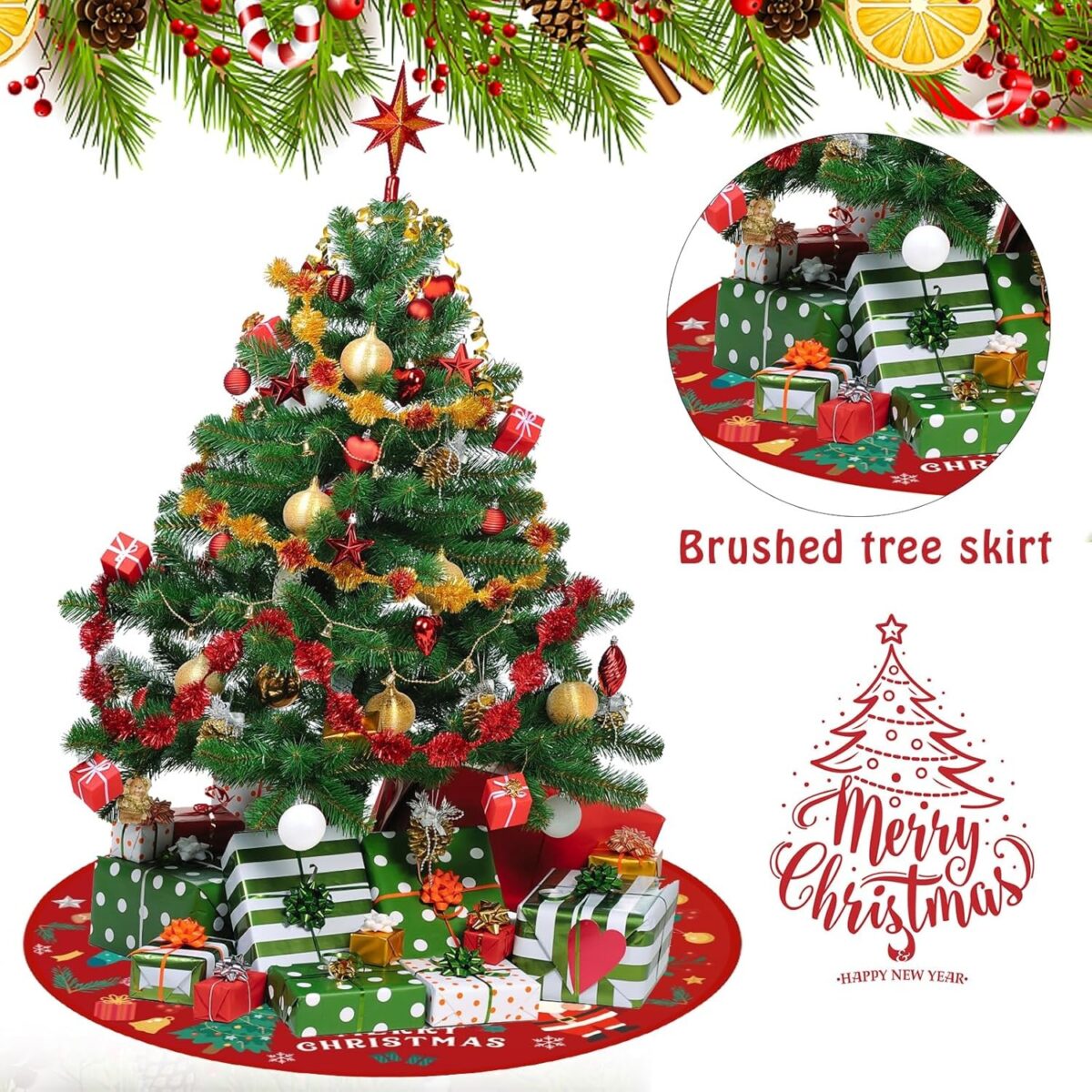 Covoras pentru Bradul de Craciun, Embo, din Tesatura Pufoasa, cu Fundite de Prindere, Model Mos Craciun, Rosu, Diametru 90 cm - imagine 9