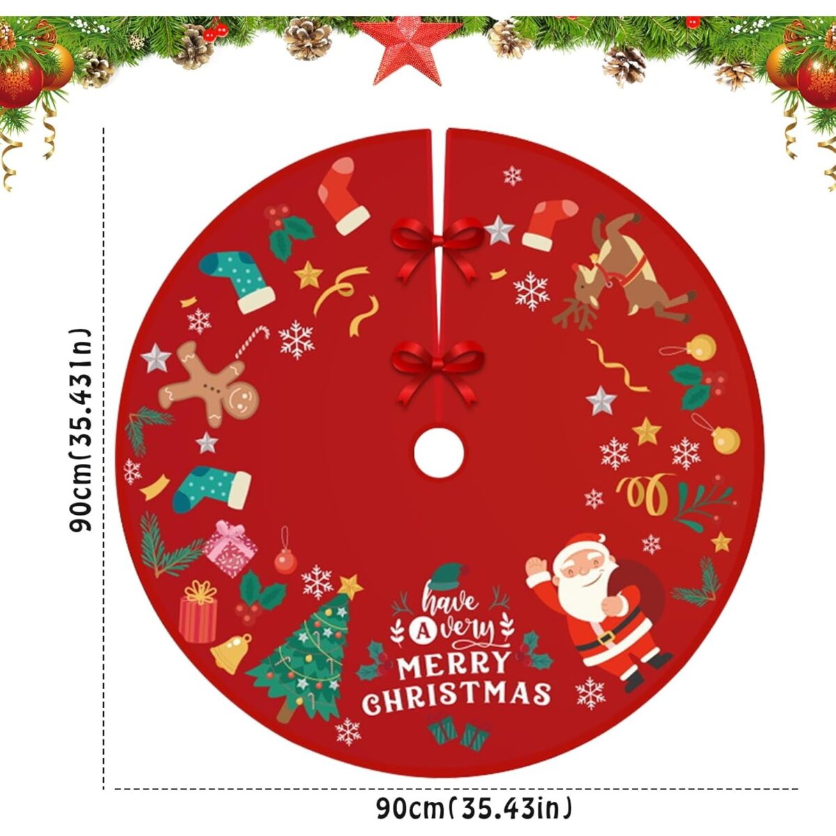 Covoras pentru Bradul de Craciun, Embo, din Tesatura Pufoasa, cu Fundite de Prindere, Model Mos Craciun, Rosu, Diametru 90 cm - imagine 10