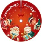 Covoras pentru Bradul de Craciun, Embo, din Tesatura Pufoasa, cu Fundite de Prindere, Model Mos Craciun si Ajutoarele, Rosu, Diametru 90 cm