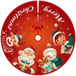 Covoras pentru Bradul de Craciun, Embo, din Tesatura Pufoasa, cu Fundite de Prindere, Model Mos Craciun si Ajutoarele, Rosu, Diametru 90 cm