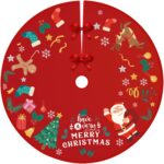 Covoras pentru Bradul de Craciun, Embo, din Tesatura Pufoasa, cu Fundite de Prindere, Model Mos Craciun, Rosu, Diametru 90 cm