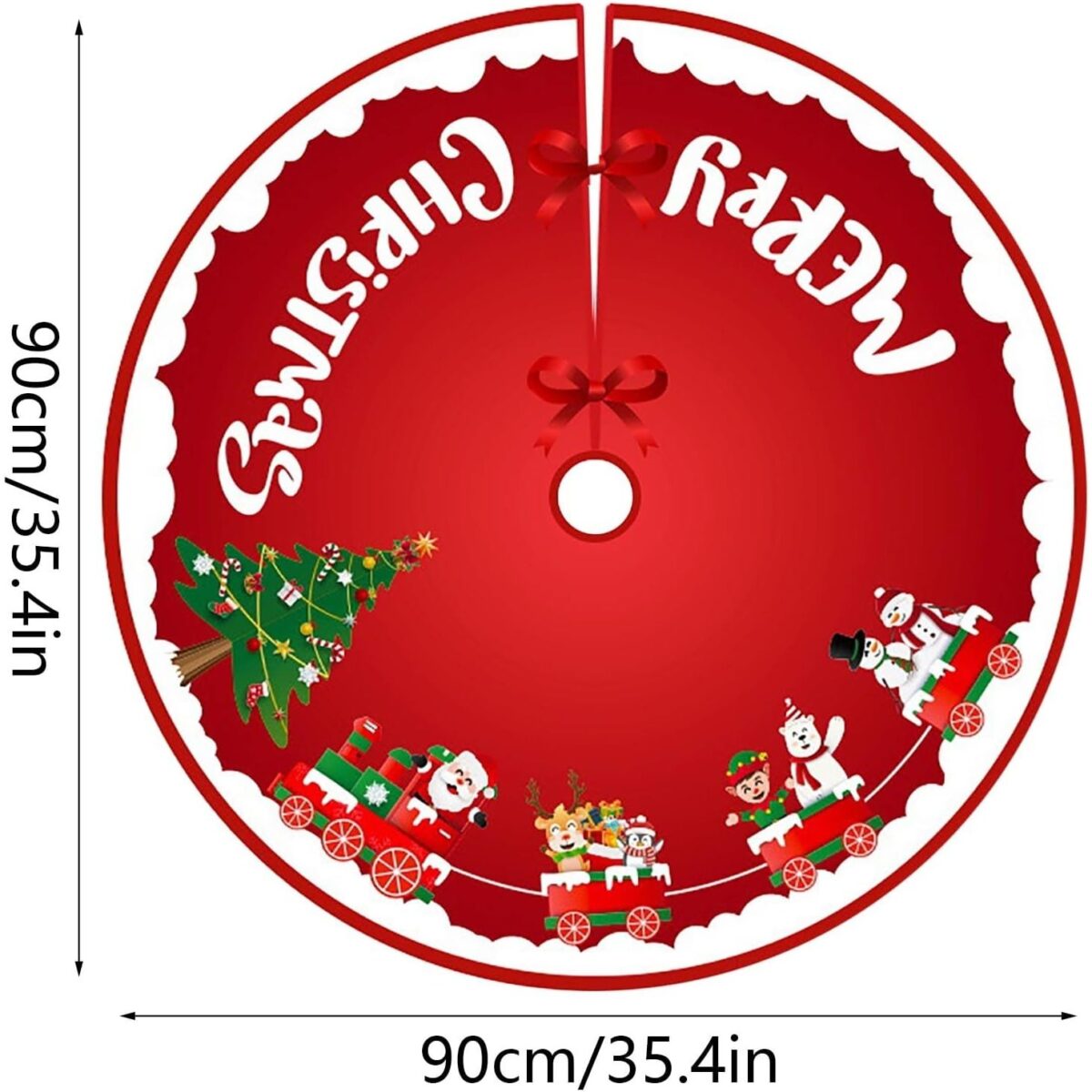 Covoras pentru Bradul de Craciun, Embo, din Tesatura Pufoasa, cu Fundite de Prindere, Model Sania lui Mos Craciun, Rosu, Diametru 90 cm - imagine 2