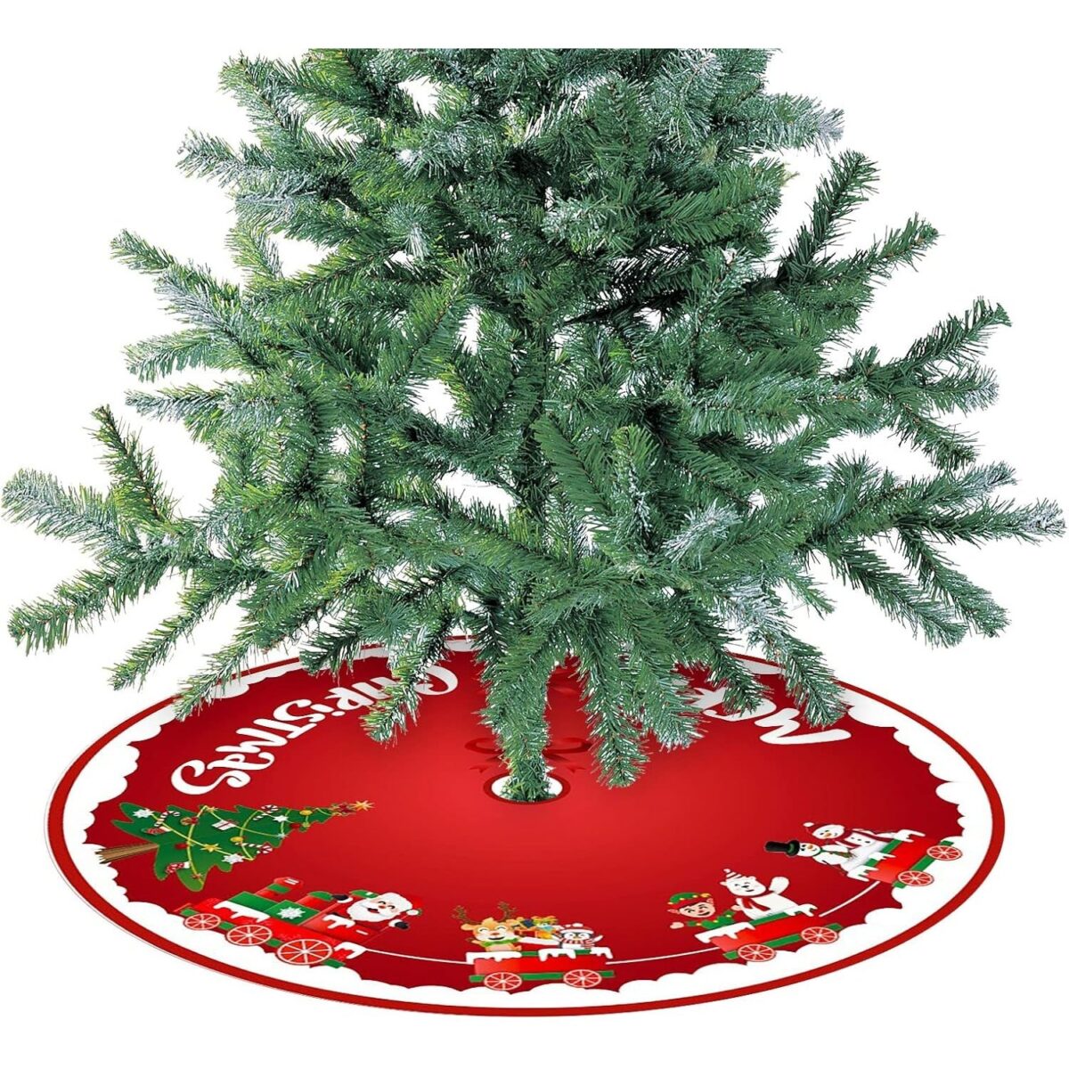 Covoras pentru Bradul de Craciun, Embo, din Tesatura Pufoasa, cu Fundite de Prindere, Model Sania lui Mos Craciun, Rosu, Diametru 90 cm - imagine 3