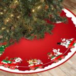 Covoras pentru Bradul de Craciun, Embo, din Tesatura Pufoasa, cu Fundite de Prindere, Model Sania lui Mos Craciun, Rosu, Diametru 90 cm - imagine 5