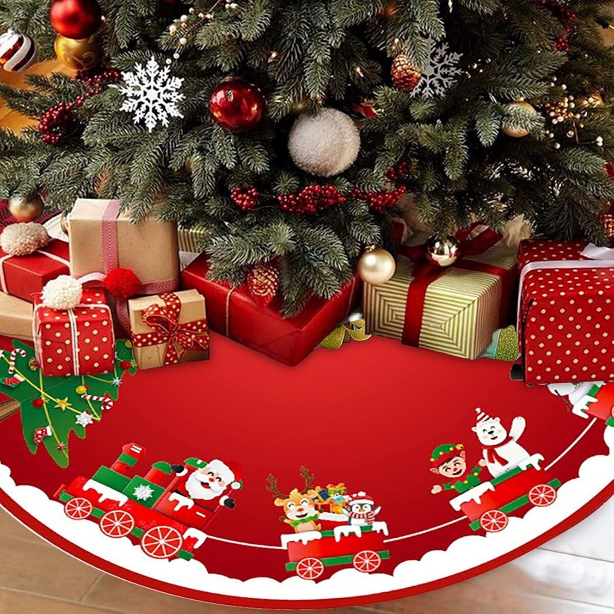 Covoras pentru Bradul de Craciun, Embo, din Tesatura Pufoasa, cu Fundite de Prindere, Model Sania lui Mos Craciun, Rosu, Diametru 90 cm - imagine 6