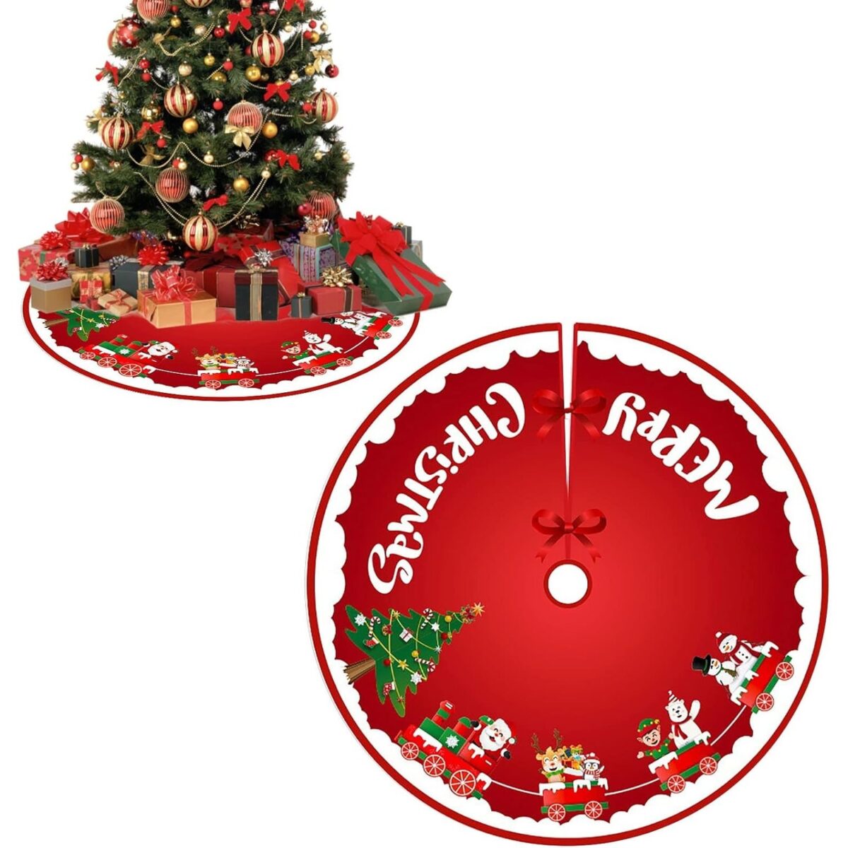 Covoras pentru Bradul de Craciun, Embo, din Tesatura Pufoasa, cu Fundite de Prindere, Model Sania lui Mos Craciun, Rosu, Diametru 90 cm - imagine 7