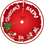 Covoras pentru Bradul de Craciun, Embo, din Tesatura Pufoasa, cu Fundite de Prindere, Model Sania lui Mos Craciun, Rosu, Diametru 90 cm