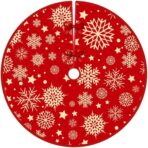 Covoras pentru Bradul de Craciun, Embo, din Tesatura Pufoasa, cu Fundite de Prindere, Model Stelute, Rosu, Diametru 90 cm