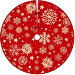 Covoras pentru Bradul de Craciun, Embo, din Tesatura Pufoasa, cu Fundite de Prindere, Model Stelute, Rosu, Diametru 90 cm