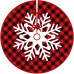 Covoras pentru Bradul de Craciun, Embo, din Tesatura Pufoasa, cu Fundite de Prindere, Model Fulg de Nea, Carouri Rosu/Negru, Diametru 90 cm