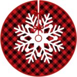 Covoras pentru Bradul de Craciun, Embo, din Tesatura Pufoasa, cu Fundite de Prindere, Model Fulg de Nea, Carouri Rosu/Negru, Diametru 90 cm