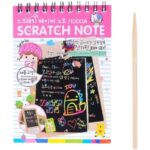 Caiet cu fise razuibile Embo, DIY Magic Scratch, 12 File, Curcubeu, Creion din Lemn, Cartonase negre, 14.5 x 10 cm, roz