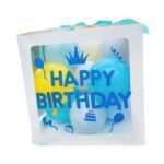 Cutie pentru Baloane, Embo, Tematica Aniversare, Model Scris Happy Birthday, Baloane Albastre, Albe, Galbene si Panglica Incluse, Contur Alb, Transparenta, 30x30 cm