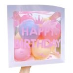 Cutie pentru Baloane, Embo, Tematica Aniversare, Model Scris Happy Birthday, Baloane Albastre, Roz, Galbene si Panglica Incluse, Contur Alb, Transparenta, 30x30 cm