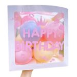 Cutie pentru Baloane, Embo, Tematica Aniversare, Model Scris Happy Birthday, Baloane Albastre, Roz, Galbene si Panglica Incluse, Contur Alb, Transparenta, 30x30 cm