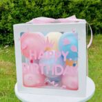 Cutie pentru Baloane, Embo, Tematica Aniversare, Model Scris Happy Birthday, Baloane Albastre, Roz, Galbene si Panglica Incluse, Contur Alb, Transparenta, 30x30 cm - imagine 4