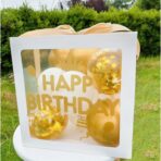 Cutie pentru Baloane, Embo, Tematica Aniversare, Model Scris Happy Birthday, Baloane Aurii, Albe si Panglica Incluse, Contur Alb, Transparenta, 30x30 cm - imagine 2
