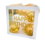 Cutie pentru Baloane, Embo, Tematica Aniversare, Model Scris Happy Birthday, Baloane Aurii, Albe si Panglica Incluse, Contur Alb, Transparenta, 30x30 cm