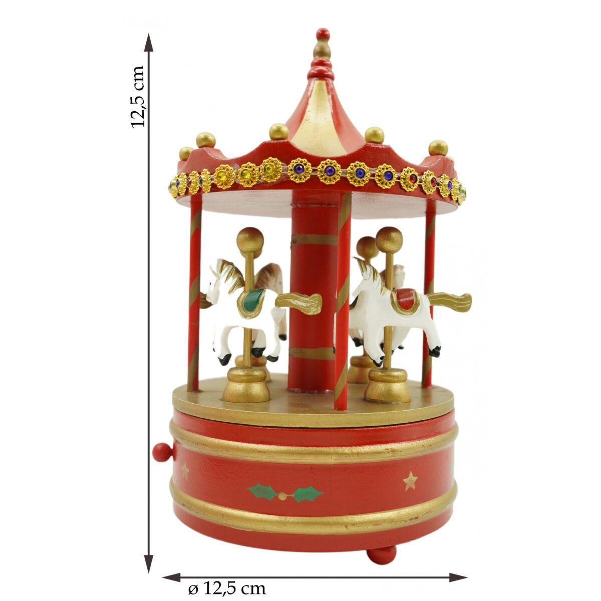 Cutiuta muzicala decorata de Craciun, Carusel rotativ, Rosu, din Lemn, Interior, Embo - imagine 6