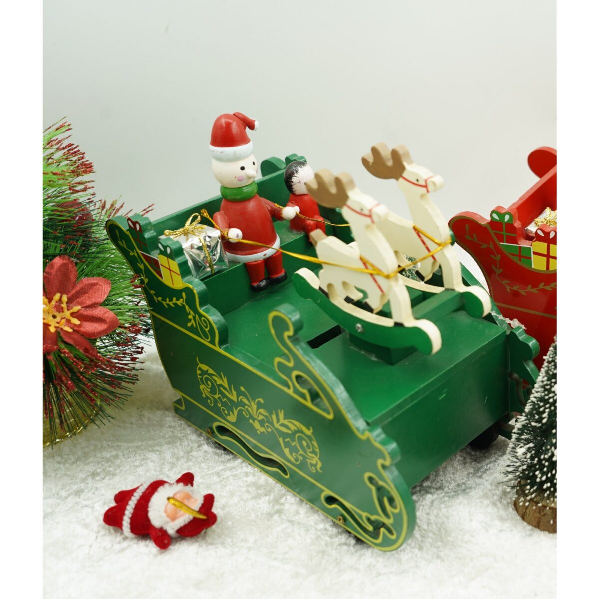 Cutiuta muzicala decorata, Sania lui Mos Craciun, Verde, din Lemn, 16 cm x 18.5 cm, Interior, Embo - imagine 5
