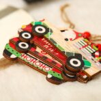 Decoratiune de Craciun din Lemn, Embo, cu Snur pentru Agatare in Brad, Model Masina lui Mos Craciun, Scris Happy New Year, 8x8x0.4 cm, Multicolor - imagine 5