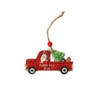 Decoratiune de Craciun din Lemn, Embo, cu Snur pentru Agatare in Brad, Model Masina lui Mos Craciun, Scris Happy New Year, 8x8x0.4 cm, Multicolor