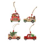 Decoratiune de Craciun din Lemn, Embo, cu Snur pentru Agatare in Brad, Model Masina lui Mos Craciun, Scris Joy, 8x8x0.4 cm, Multicolor - imagine 5