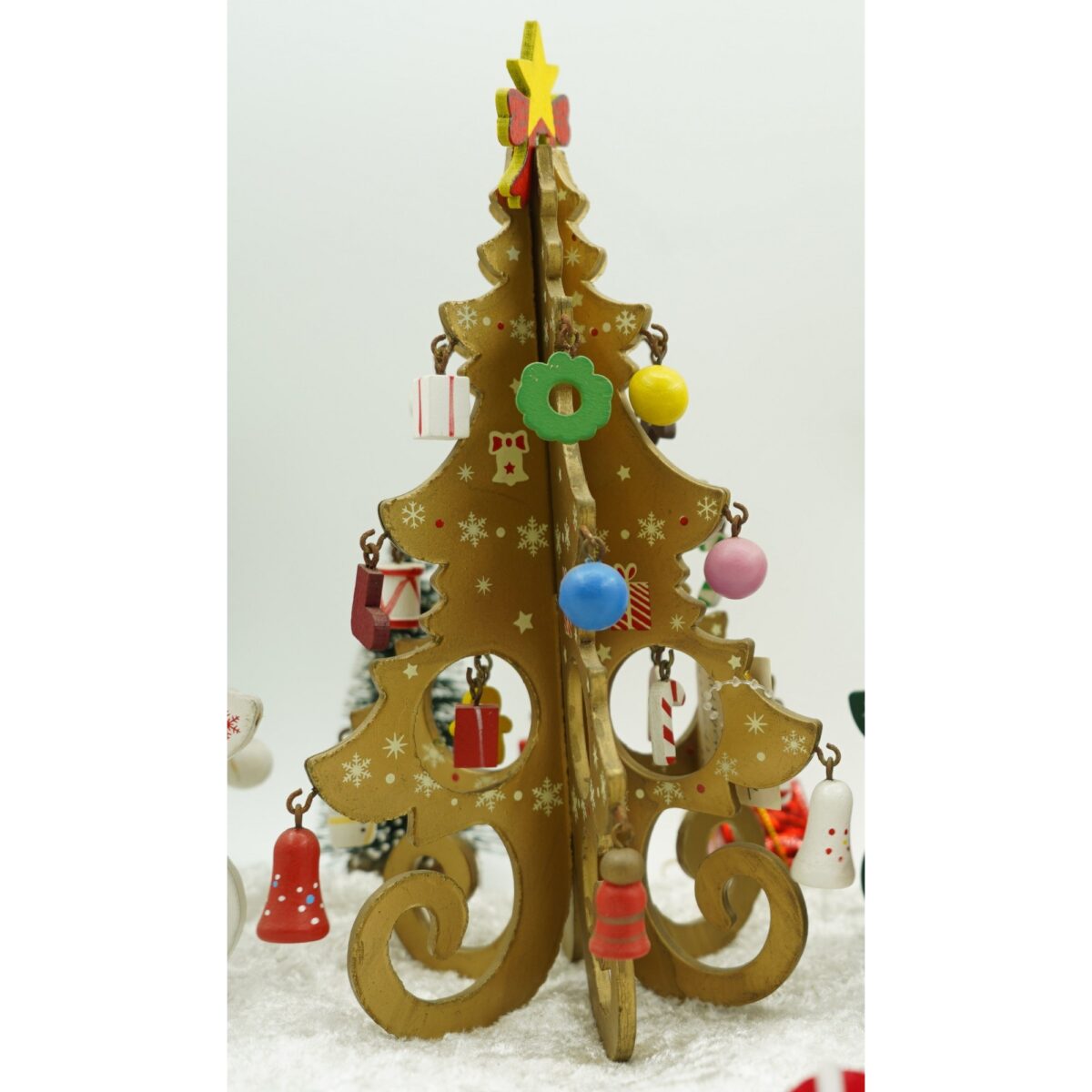 Decoratiune Craciun, Brad, Auriu, 6 cavitati cu ornamente, 12 cm x 20 cm, Lemn, Embo - imagine 2