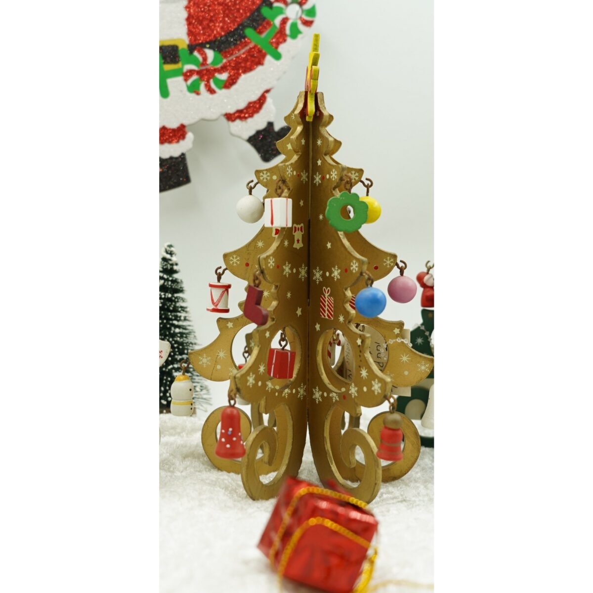 Decoratiune Craciun, Brad, Auriu, 6 cavitati cu ornamente, 12 cm x 20 cm, Lemn, Embo - imagine 4