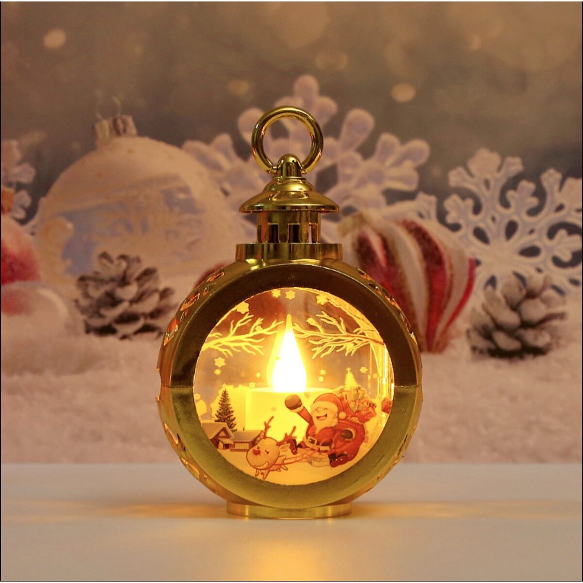 Decoratiune Craciun tip Felinare cu baterii, 13.5 x 9 cm,Lumanare cu geam si inscriptie Mos Craciun cu sanie,lumina alb cald,baterii incluse,Auriu - imagine 2