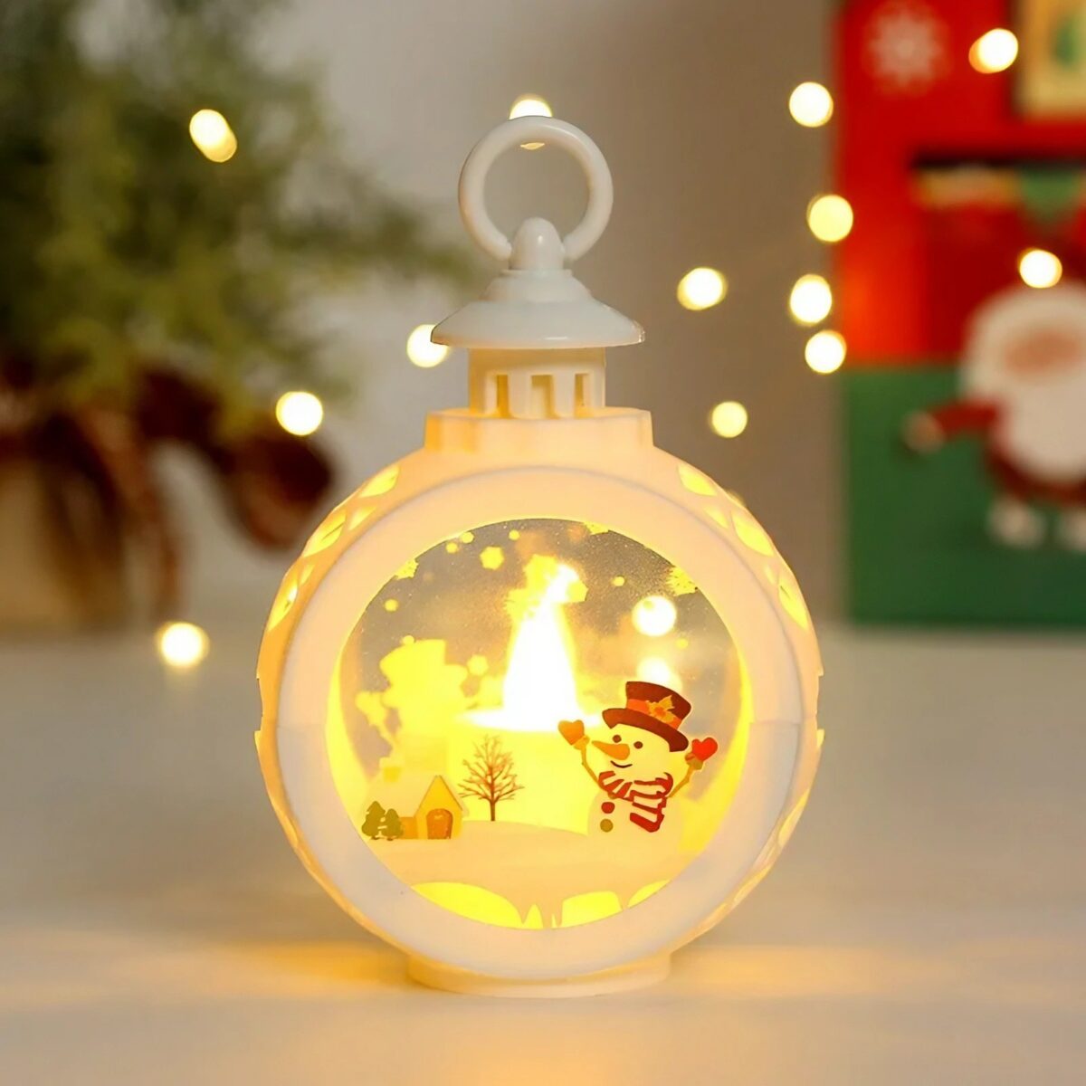 Decoratiune Craciun tip Felinare cu baterii, 13.5 x 9 cm,Lumanare cu geam si inscriptie om de zapada,lumina alb cald,baterii incluse,Alb - imagine 3