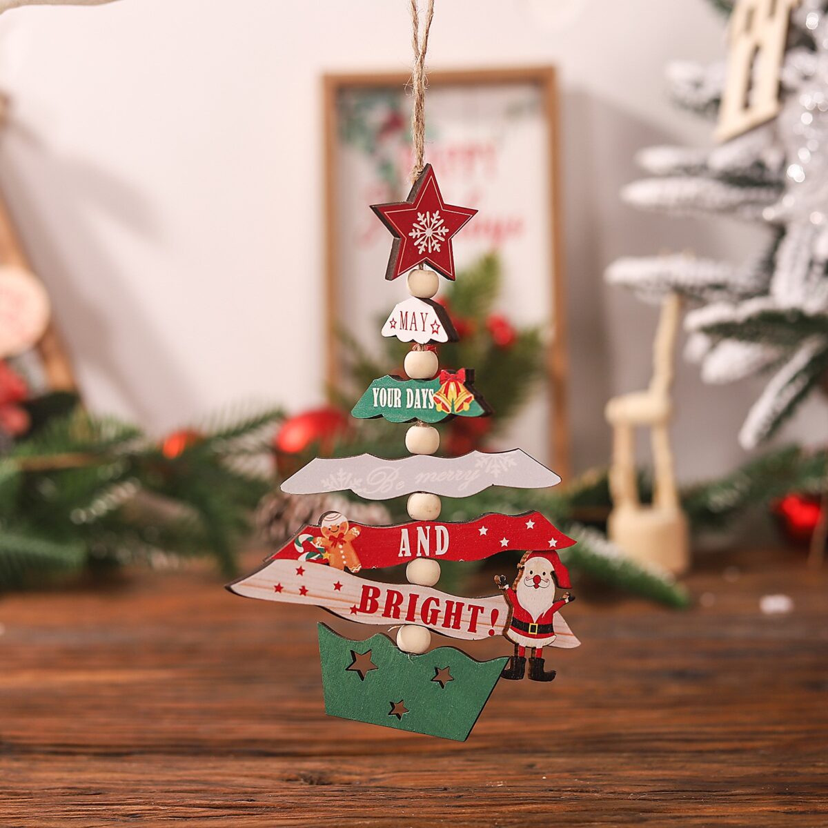 Decoratiune de Craciun din Lemn, Embo, cu Snur pentru Agatare in Brad, Model Brad de Craciun, Scris May Your Days Be Merry And Bright, 17x12.8x0.4 cm, Multicolor - imagine 3