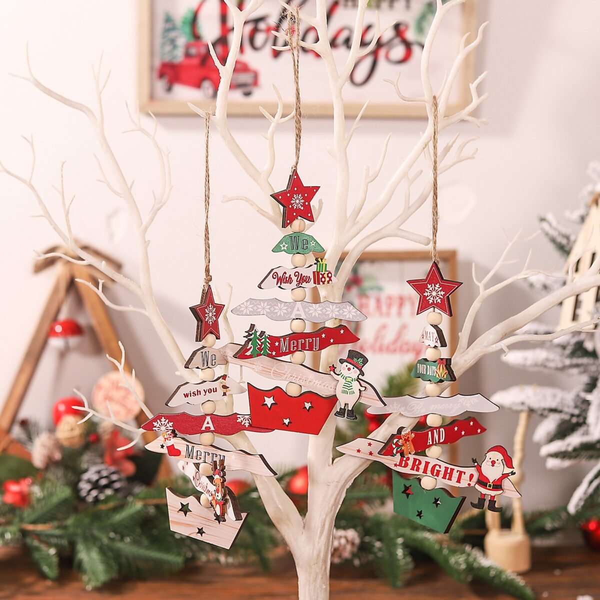 Decoratiune de Craciun din Lemn, Embo, cu Snur pentru Agatare in Brad, Model Brad de Craciun, Scris May Your Days Be Merry And Bright, 17x12.8x0.4 cm, Multicolor - imagine 8