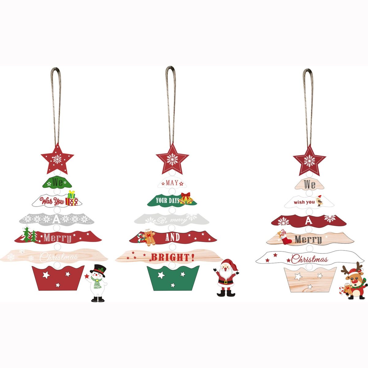 Decoratiune de Craciun din Lemn, Embo, cu Snur pentru Agatare in Brad, Model Brad de Craciun si Ren, Scris We Wish You A Merry Christmas, 17x12.8x0.4 cm, Multicolor - imagine 4