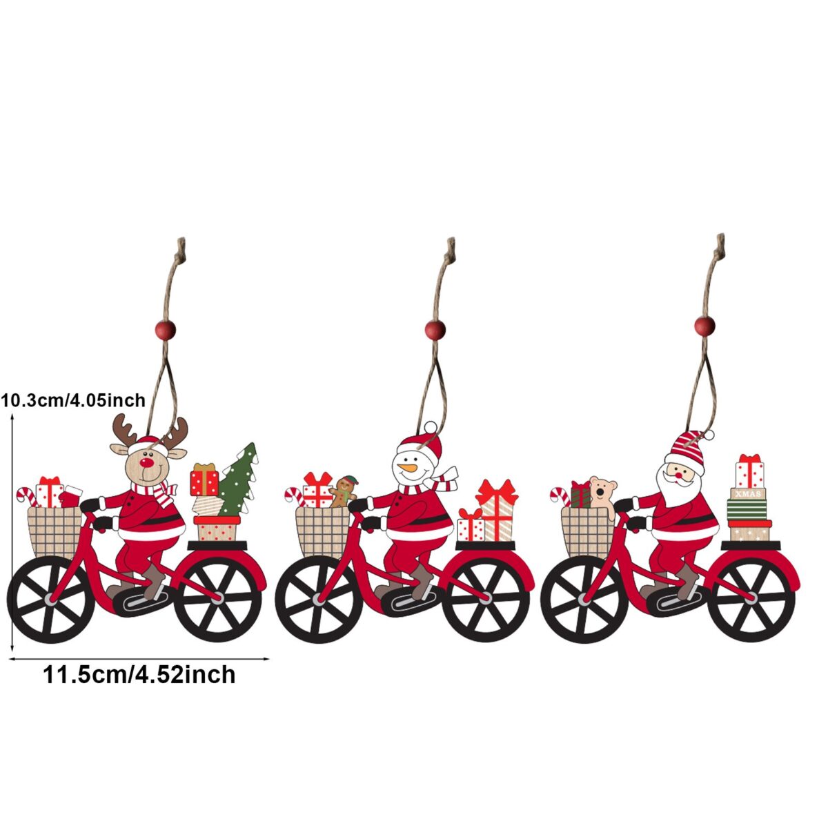 Decoratiune de Craciun din Lemn, Embo, cu Snur pentru Agatare in Brad, Model Mos Craciun pe Bicicleta, 10.3x11.5x0.5 cm, Multicolor - imagine 3