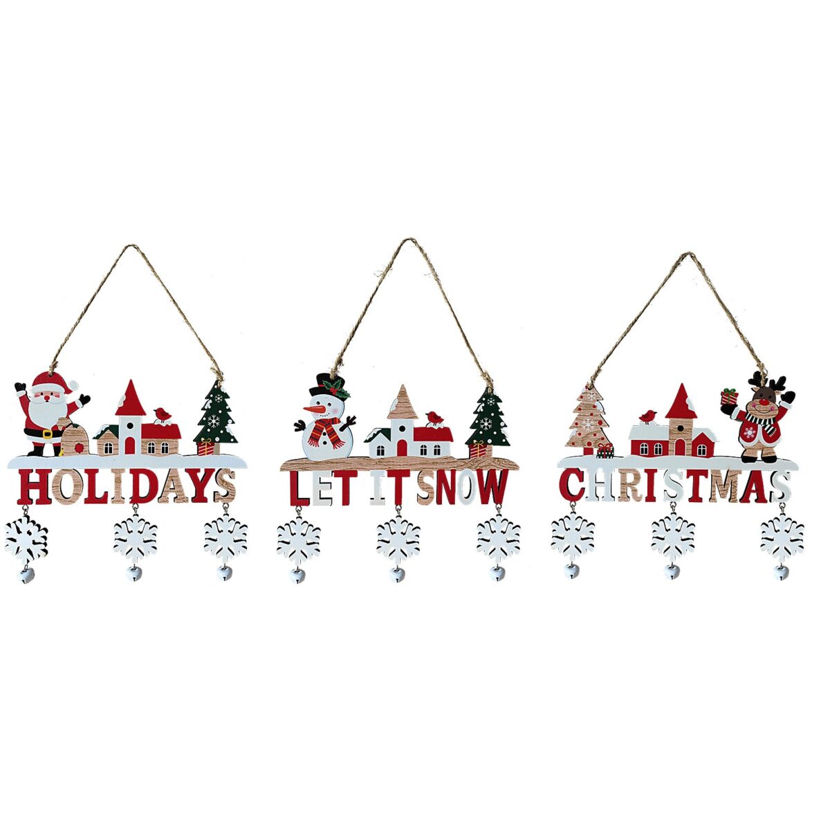 Decoratiune de Craciun din Lemn, Embo, cu Snur pentru Agatare in Brad, Model Mos Craciun, Scris Let It Snow, 21.9x19 cm, Multicolor - imagine 5