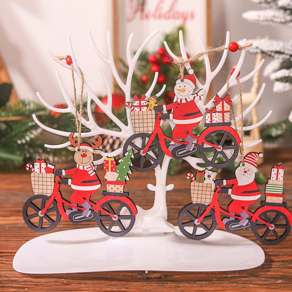 Decoratiune de Craciun din Lemn, Embo, cu Snur pentru Agatare in Brad, Model Ren pe Bicicleta, 10.3x11.5x0.5 cm, Multicolor - imagine 5