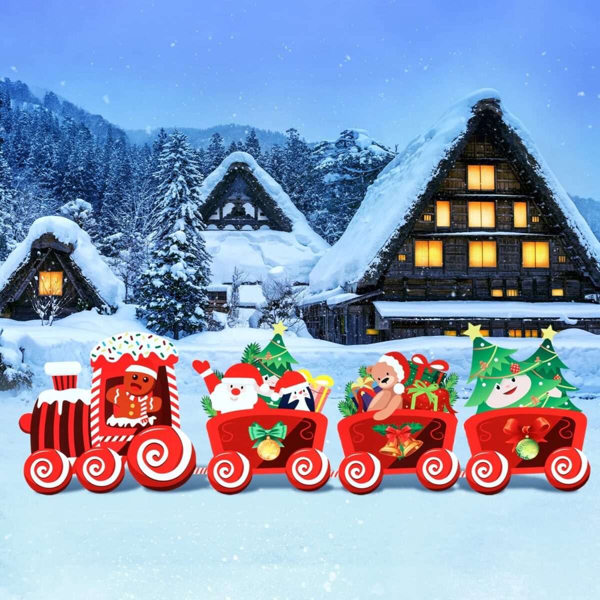 Decoratiune de Craciun, Embo, pentru Gradina, Tip Trenulet, 4 Figurine + Bete de Infipt in Pamant, din Plastic, Impermeabil, Model Tren cu Omul Briosa in Locomotiva, Multicolor - imagine 2