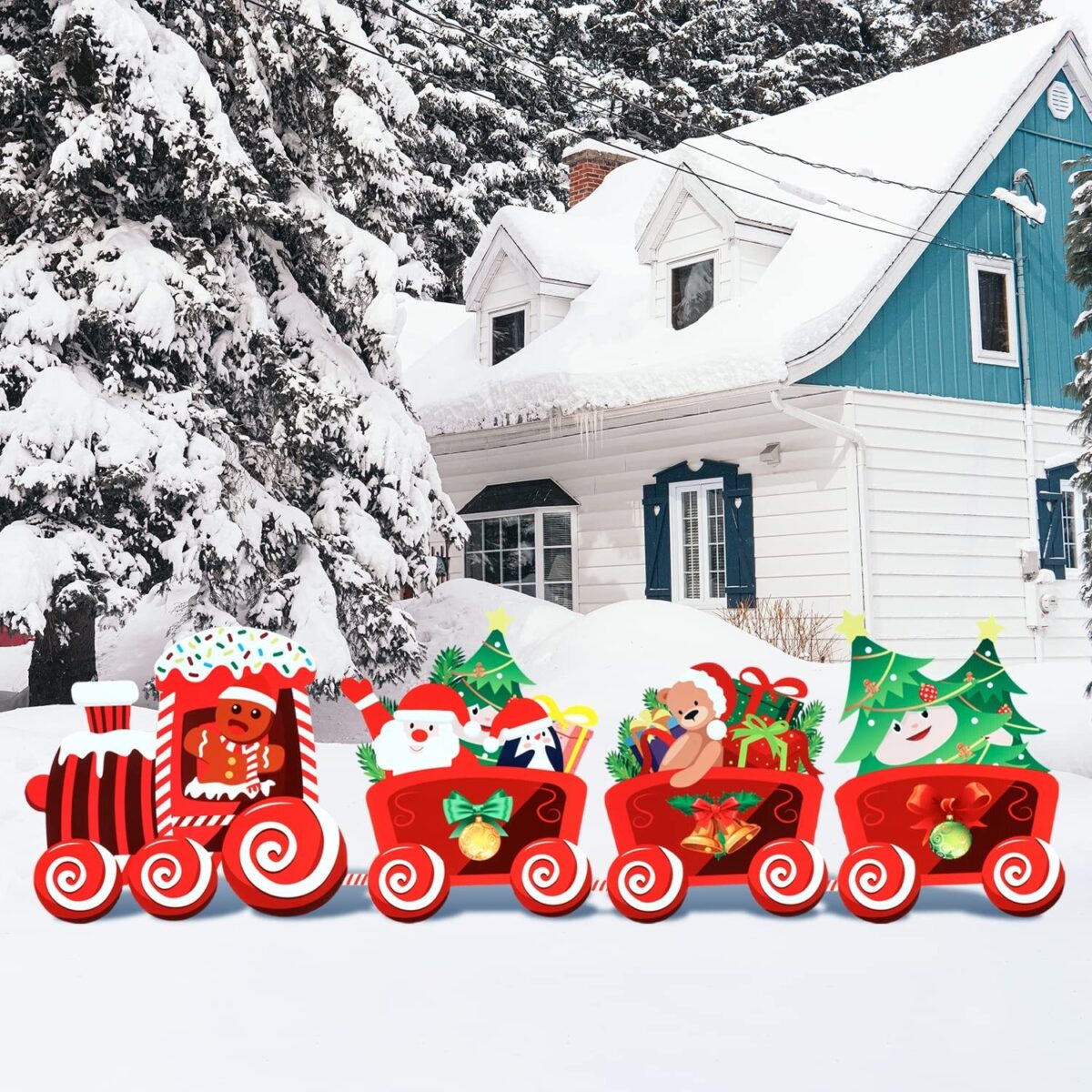 Decoratiune de Craciun, Embo, pentru Gradina, Tip Trenulet, 4 Figurine + Bete de Infipt in Pamant, din Plastic, Impermeabil, Model Tren cu Omul Briosa in Locomotiva, Multicolor - imagine 4