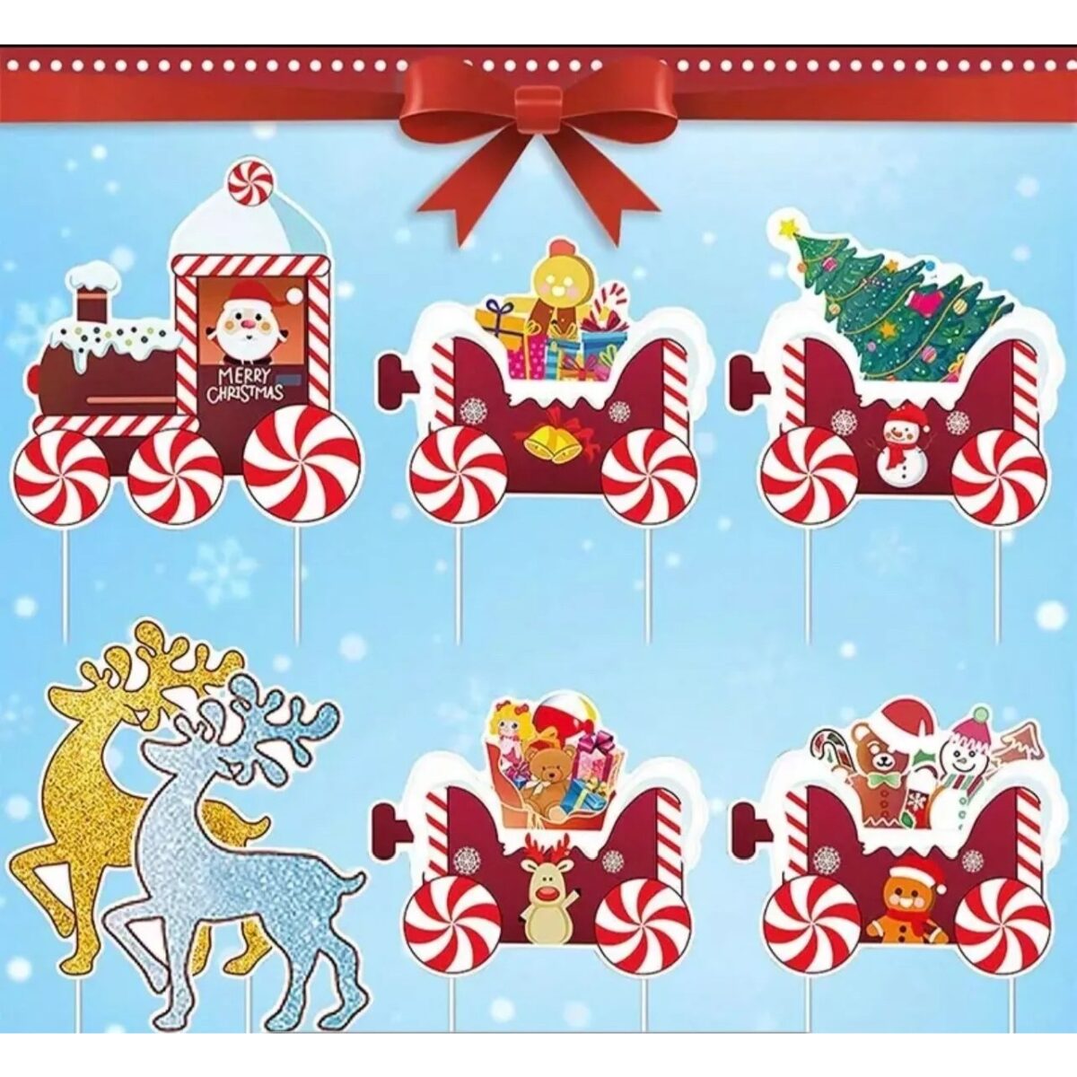 Decoratiune de Craciun, Embo, pentru Gradina, Tip Trenulet, 7 Figurine + Bete de Infipt in Pamant, din Plastic, Impermeabil, Model Renii Joy si Noel, Multicolor - imagine 3