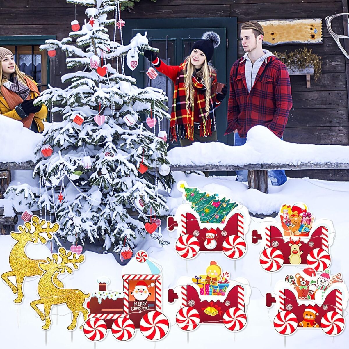 Decoratiune de Craciun, Embo, pentru Gradina, Tip Trenulet, 7 Figurine + Bete de Infipt in Pamant, din Plastic, Impermeabil, Model Renii Joy si Noel, Multicolor - imagine 4