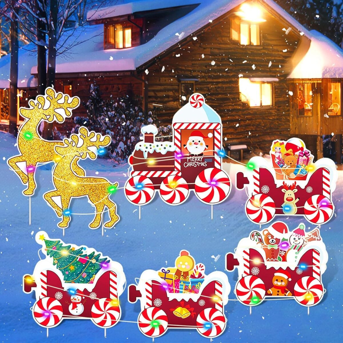 Decoratiune de Craciun, Embo, pentru Gradina, Tip Trenulet, 7 Figurine + Bete de Infipt in Pamant, din Plastic, Impermeabil, Model Renii Joy si Noel, Multicolor - imagine 5